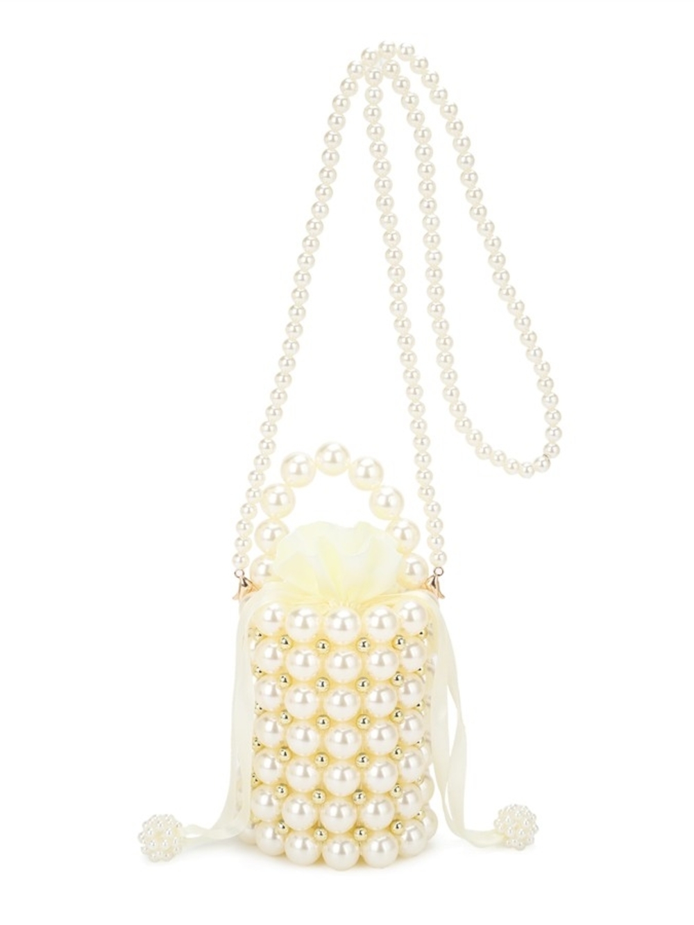 Pearl-Embellished Drawstring Bucket Bag - Pearl Cream